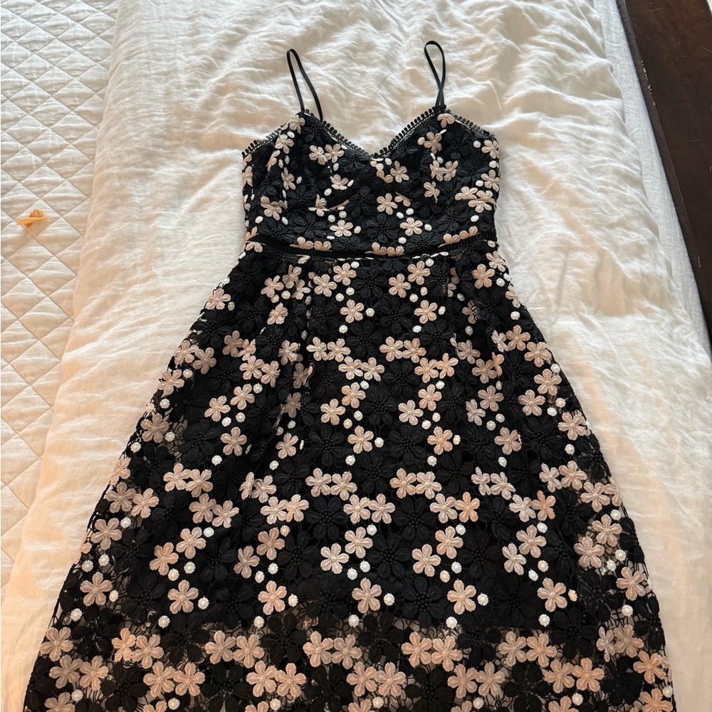 Shoshanna Black Lace Midi Dress with Cream Floral Appliqués
